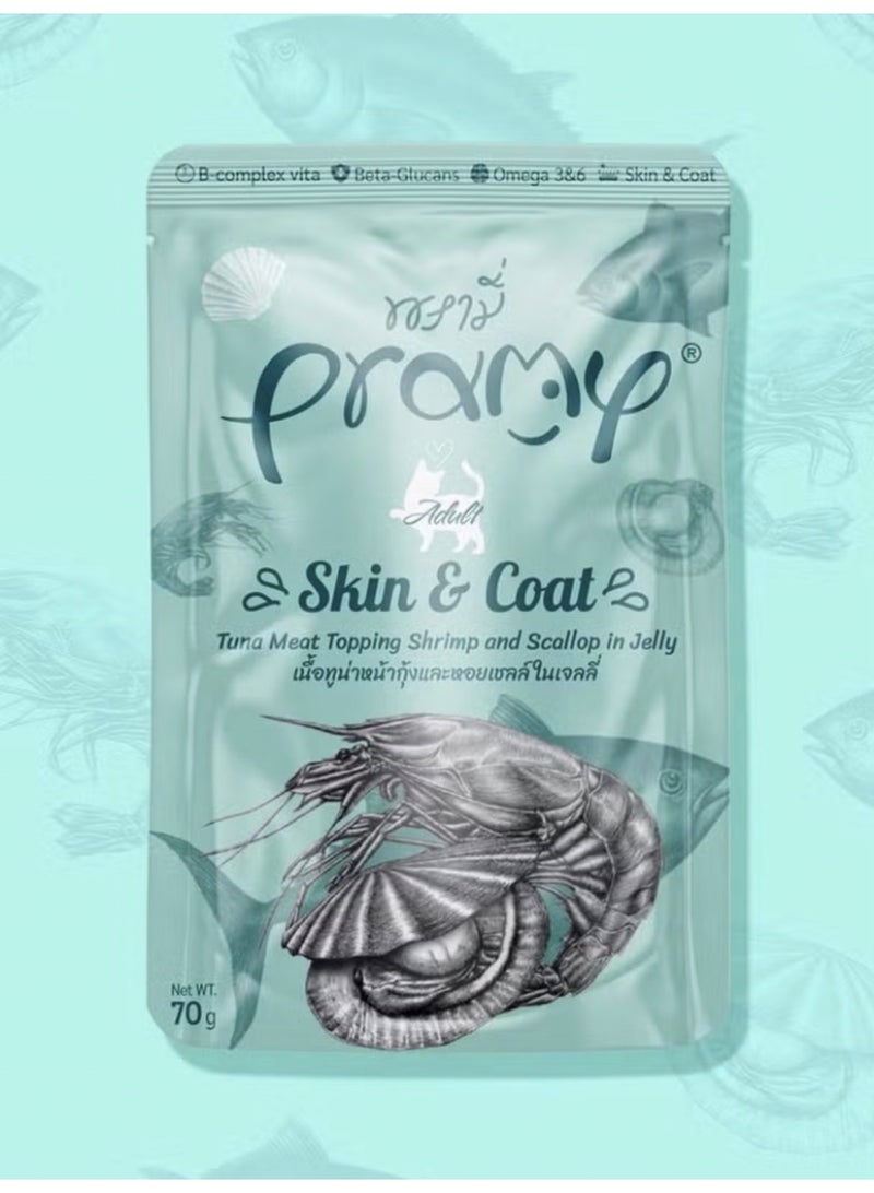 Pramy Tuna and shrimp flavored wet cat food for adult cats - 6 envelopes 70g - enriched with omega 3, 6, 9 for skin health and fur shine - nutritious wet food high protein for cats - Image 2